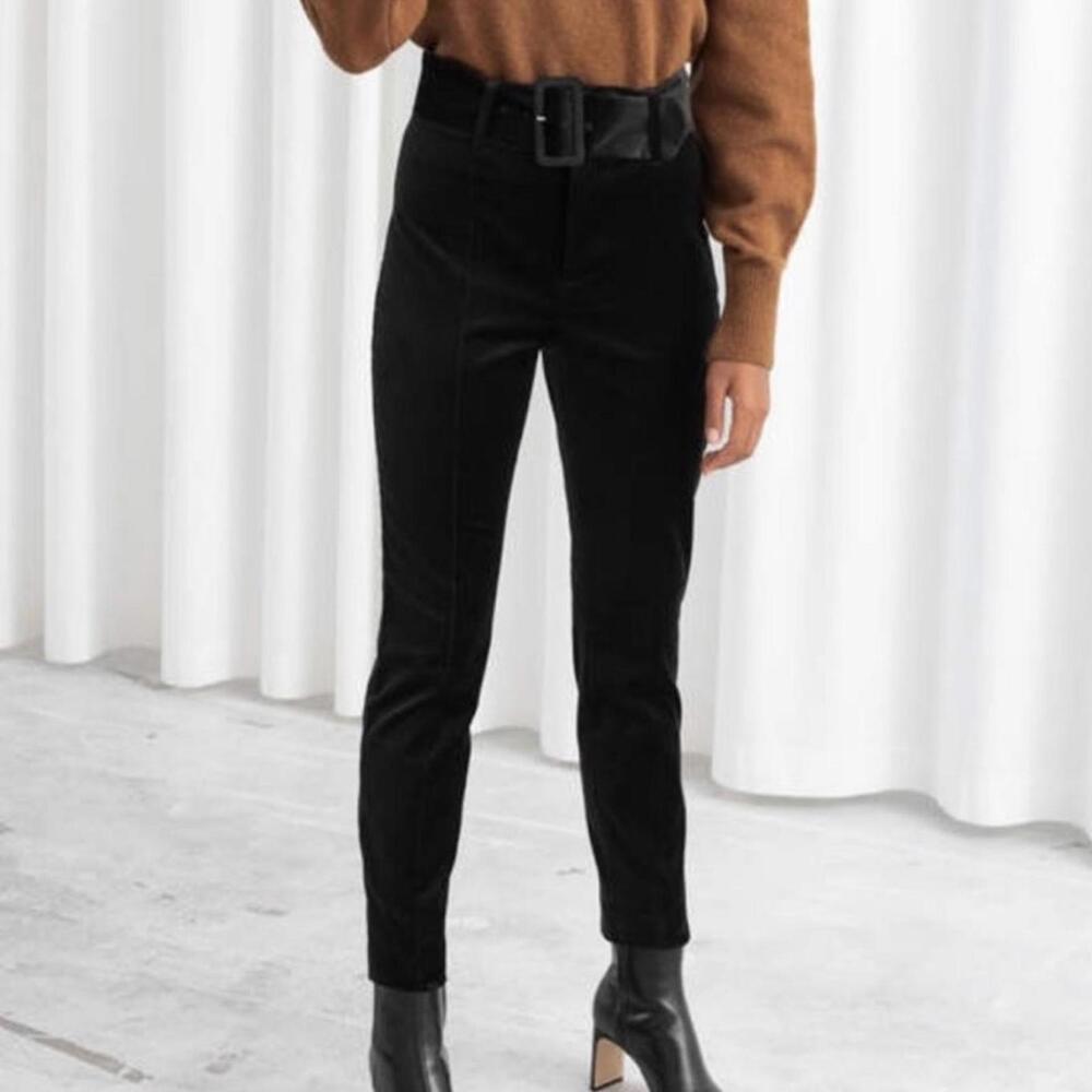 & OTHER STORIES Black High-Waisted Slim Fit Cropped Velvet Pants Belt SIZE 6